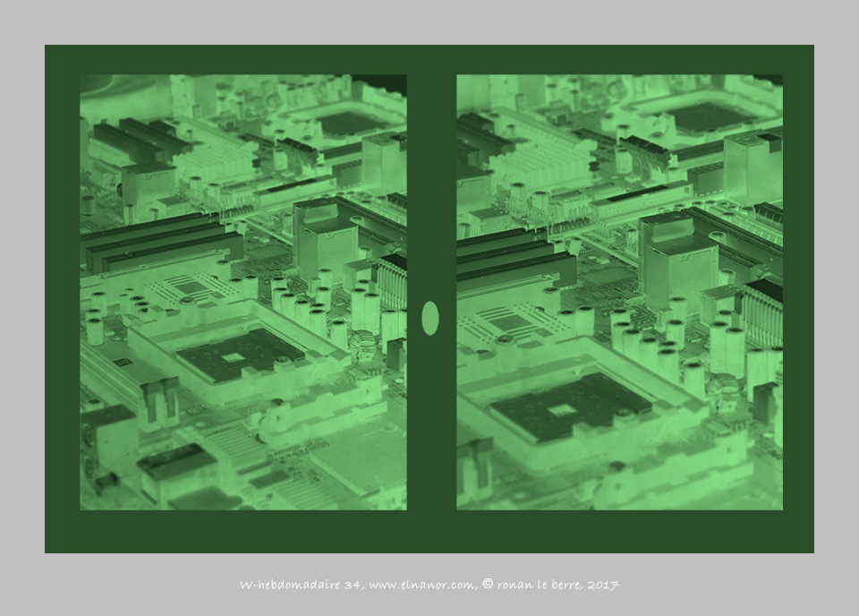 photographies circuit imprimé ordinateur, ville, vision nocturne, image guerre en itack, vert couleur espoir, missile téléguidé, etc. , w-hebdo 34, année 2017 , ronan le berre, elnanor, imagier